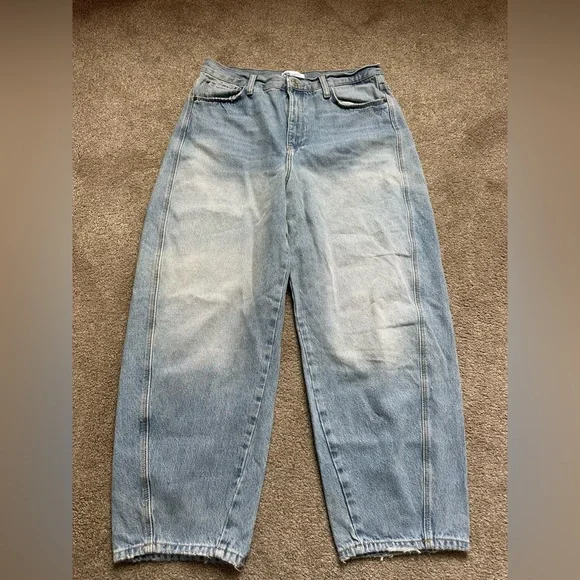 Zara Light Blue Women Mid-Rise Tapered Barrel Denim Jeans - Picture 3 of 6